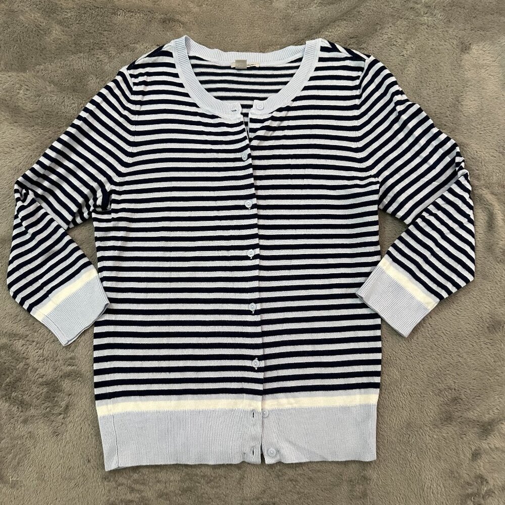 Halogen Sweater Cardigan Button Up MEDIUM Navy Blue Striped Spring Cew Neck
